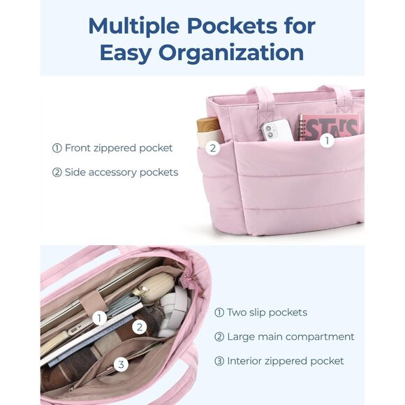Women Pink Lightweight Puffy Tote Bag for Travel Beach Gym With Multi-pocket - Picture 3 of 7